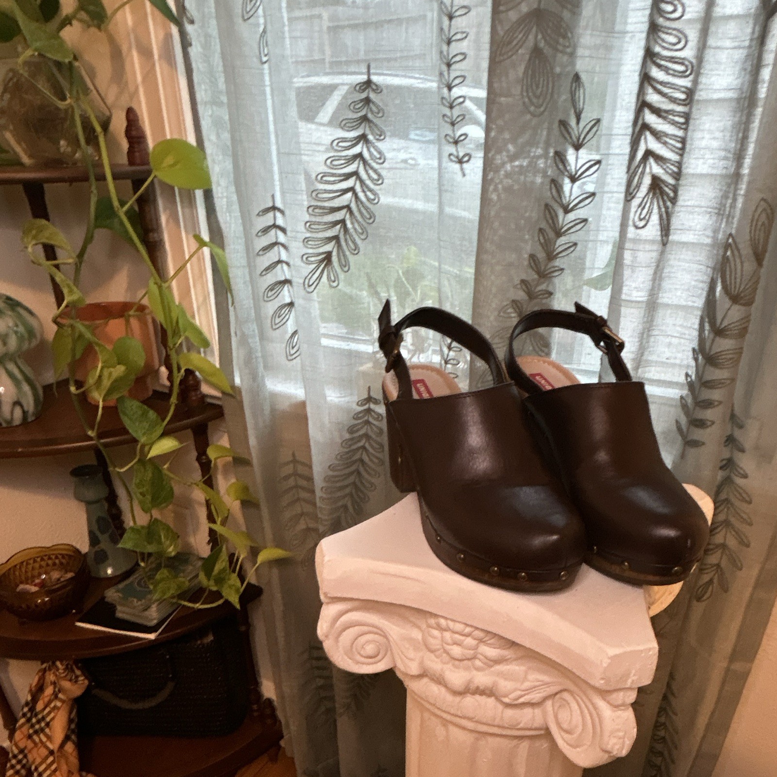 UNIONBAY Womens Brown Platform Clog Mule Heels Faux Leather Ankle Strap