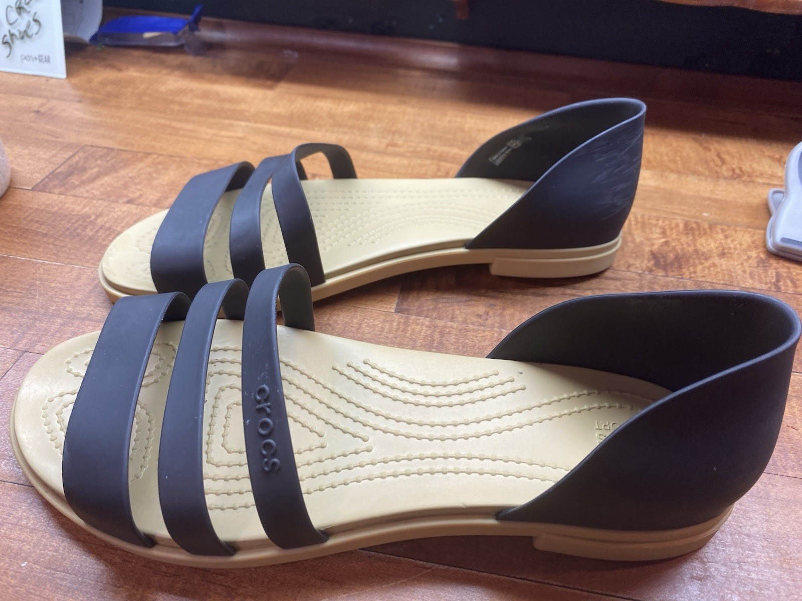 Crocs Tulum Open Flat Sandals Womens 9 Black Tan Strappy Slip On (Read 10 9.5 W)