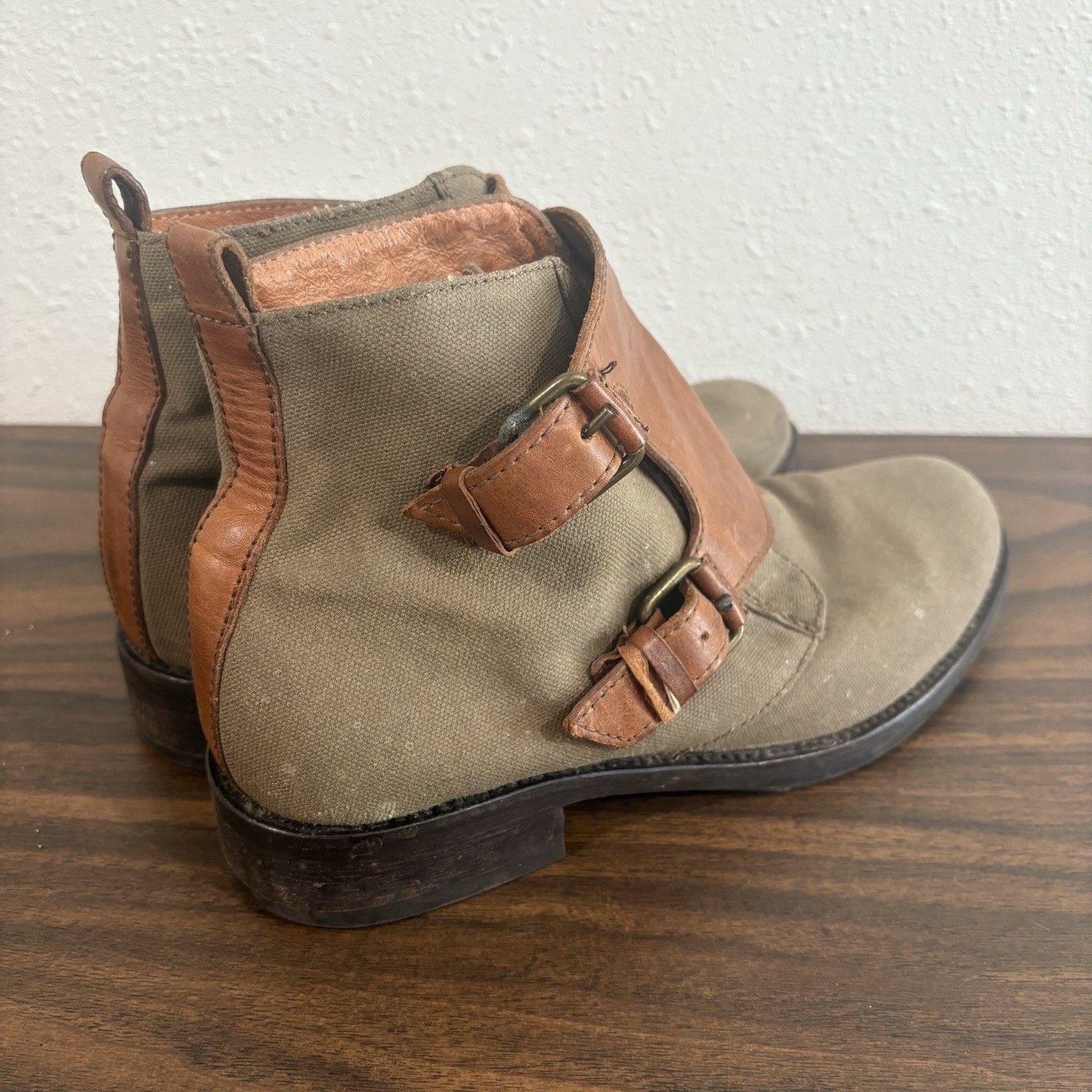 J Crew Womens Canvas Leather Double Monk Strap Ankle Booties Size 7 Green Brown