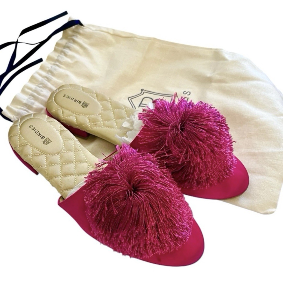 Birdies Fuchsia Pink Pom Pom Satin Songbird Mule Slipper Size 7.5-Never worn
