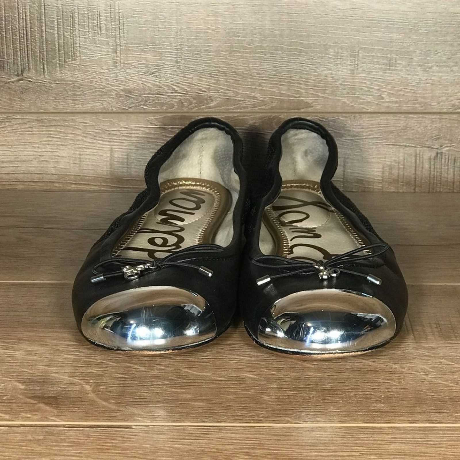 Sam Edelman Black Ballet Flats Womens 7.5 M Chrome Cap Toe Slip On Casual Travel