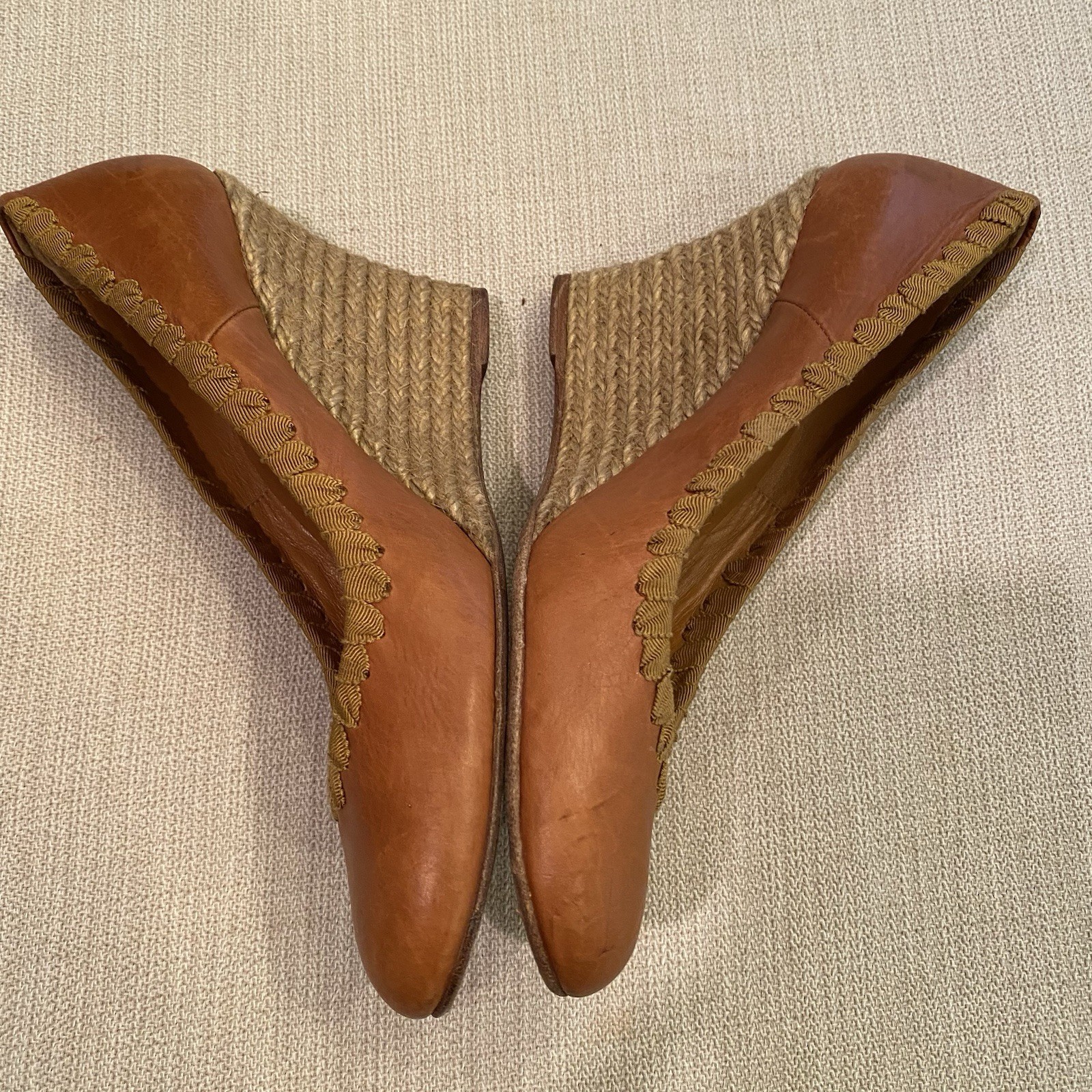 Lanvin Grosgrain-Stitched Leather Wedge Pump Tan Size 38