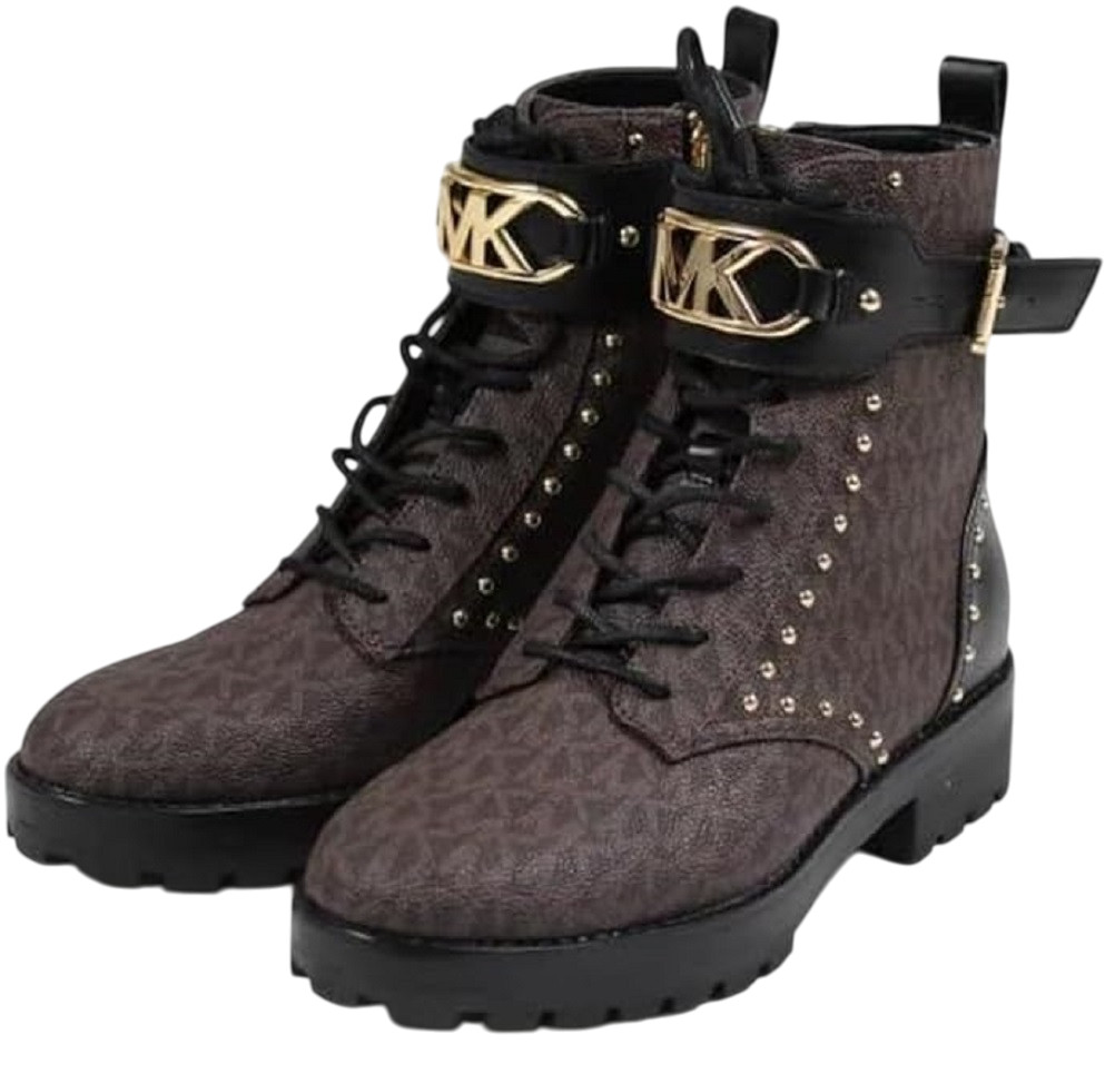 Michael Kors Kincaid Logo Studded Combat Boot Brown/Black 6/6.5/7/7.5/8/8.5/9