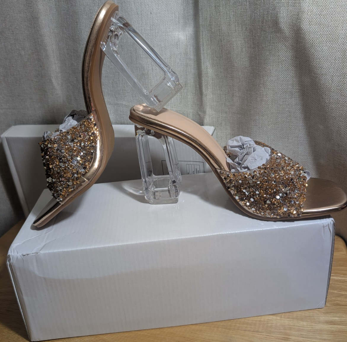Women’s Gold Rhinestone Beaded Open Toe Slip-On Mule Block Heel EU 37