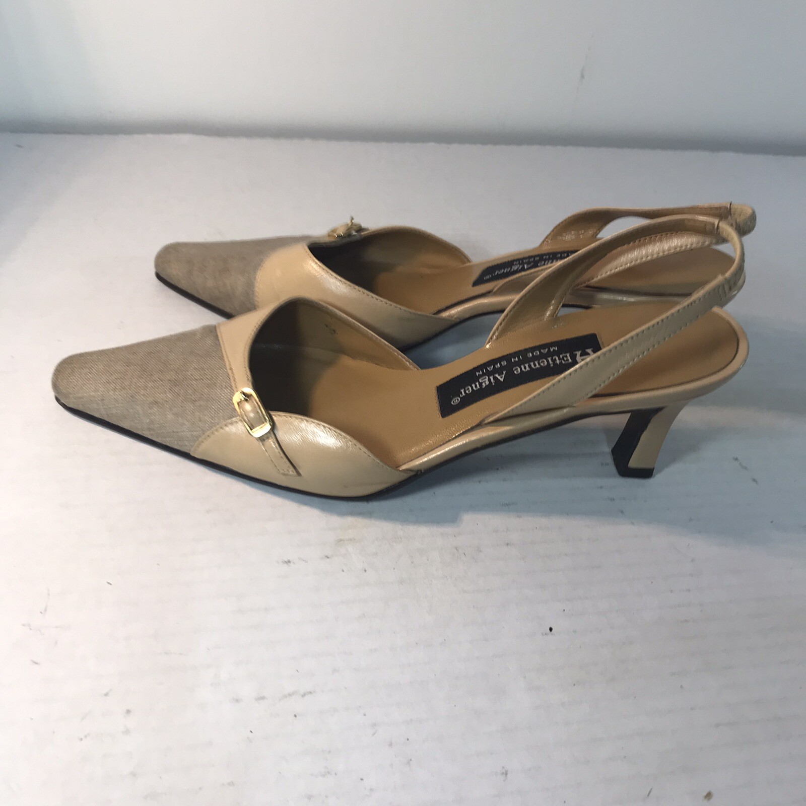 Etienne Aigner Beige Leather/Canvas 2.5in Slingback Heels Womens Size 7.5M Spain