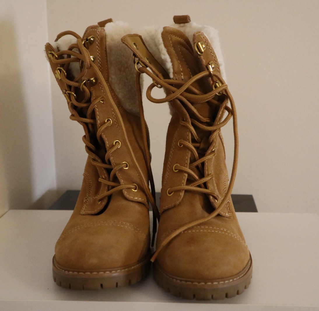 NINE WEST Boots 8 M Phaedra Lace-Up Suede Block High Heel Combat Natural Brown