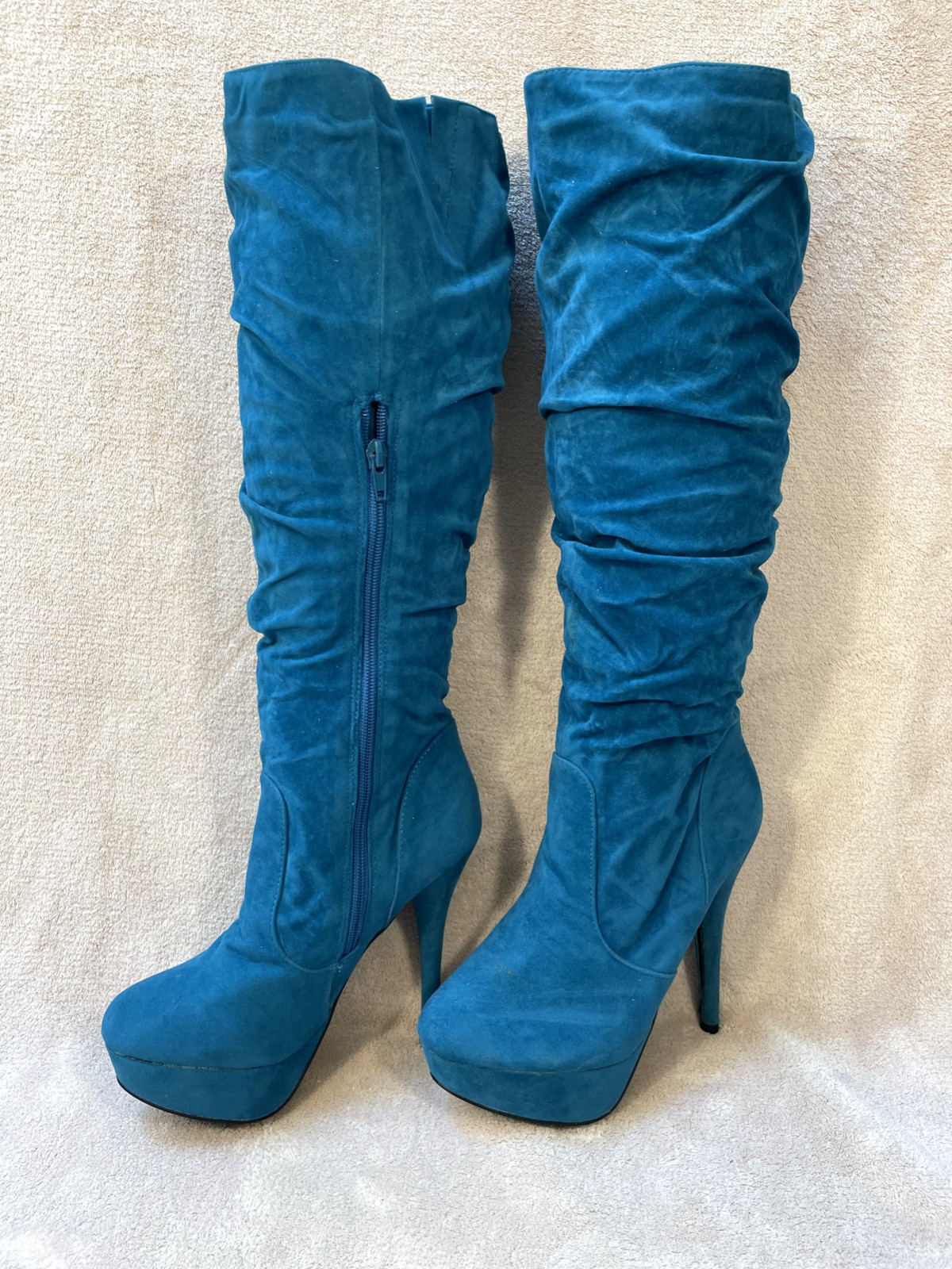 High Heels 18″ Knee-High 5.5″ Platform Stiletto Blue Faux Suede Zipper Sz7 Machi