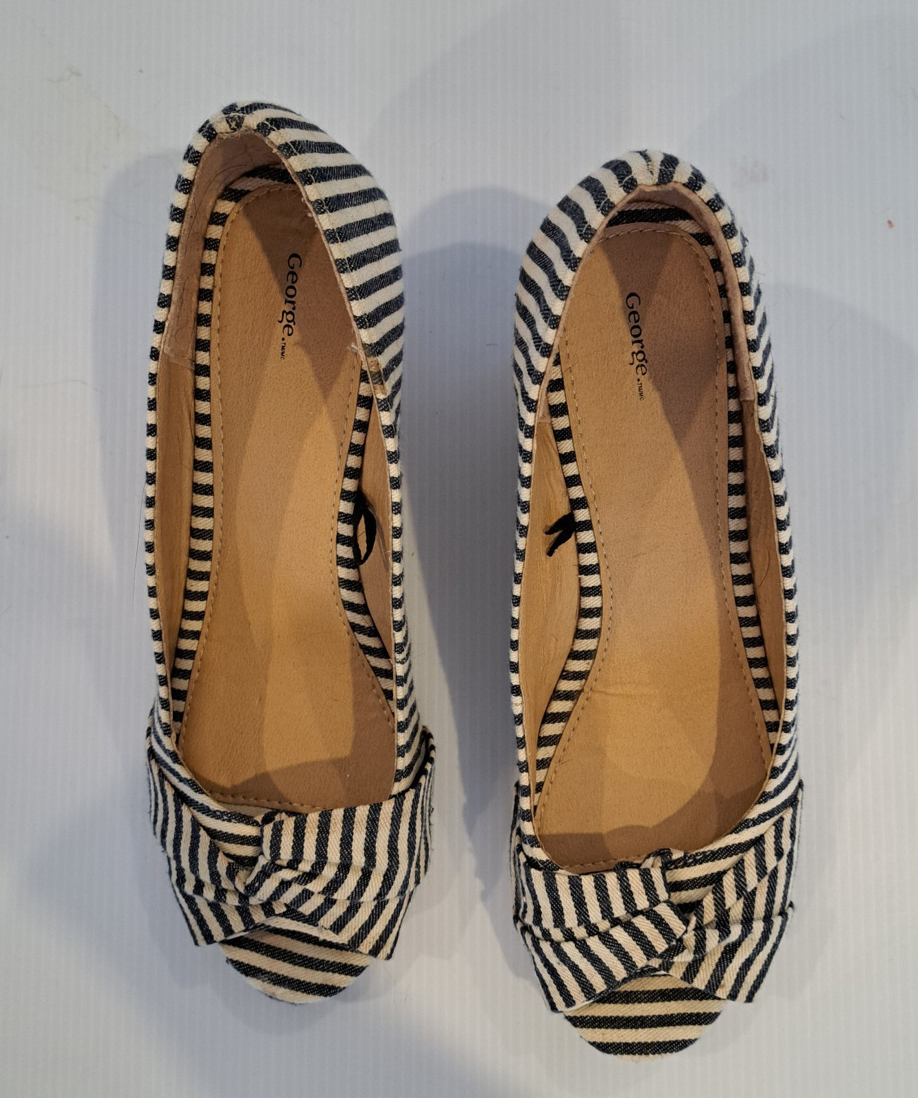 George Striped Flat Slip Ons Black & White Cork Sole and Wed Heel Size 9