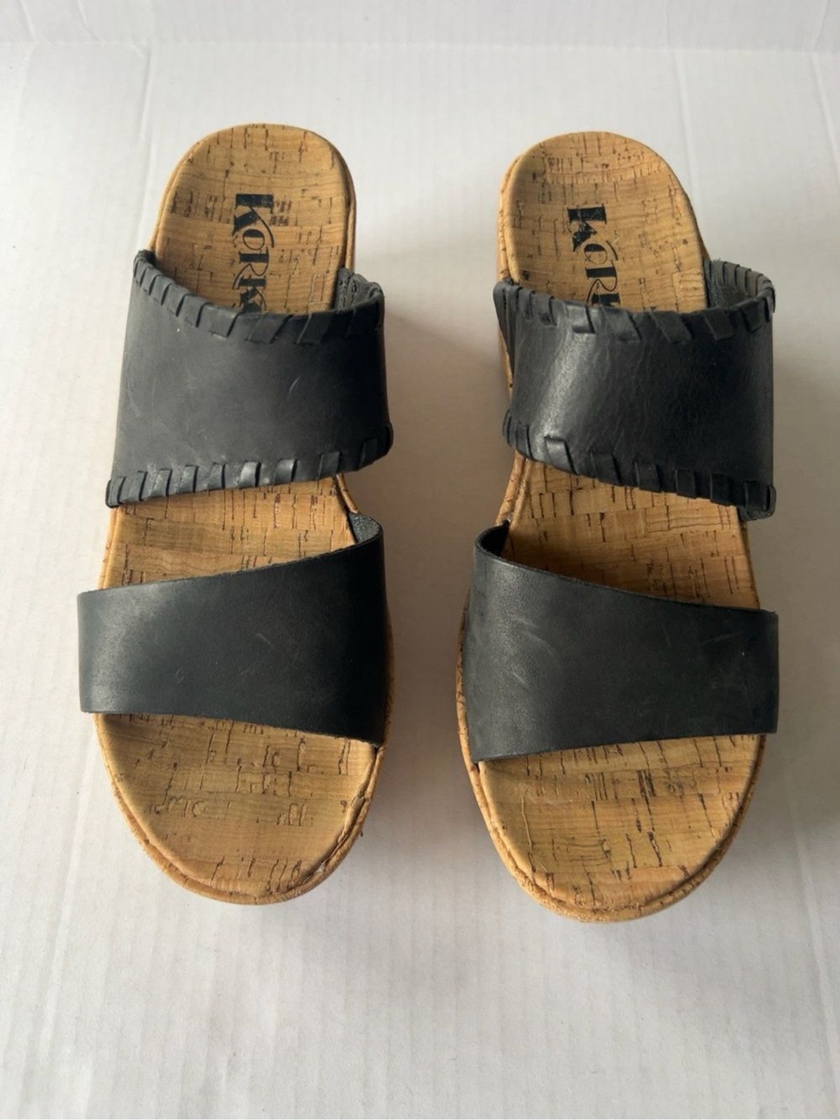 Korks Kendri Black Leather Double Strap Cork Footbed Comfort Slide Sandals Women