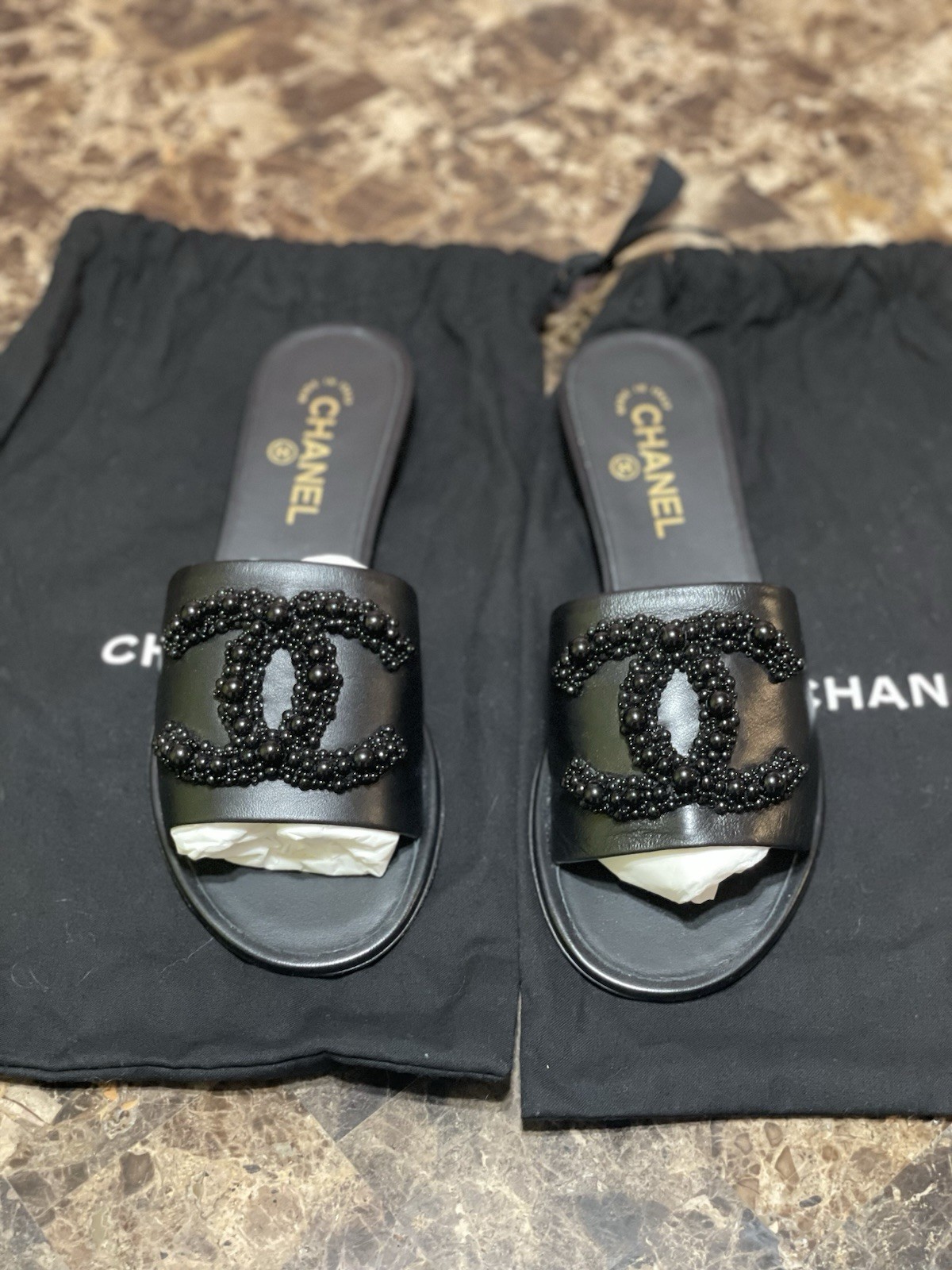 Chanel Black Lambskin Beaded CC Logo Mules / Slides – Size 39, Dust Bag