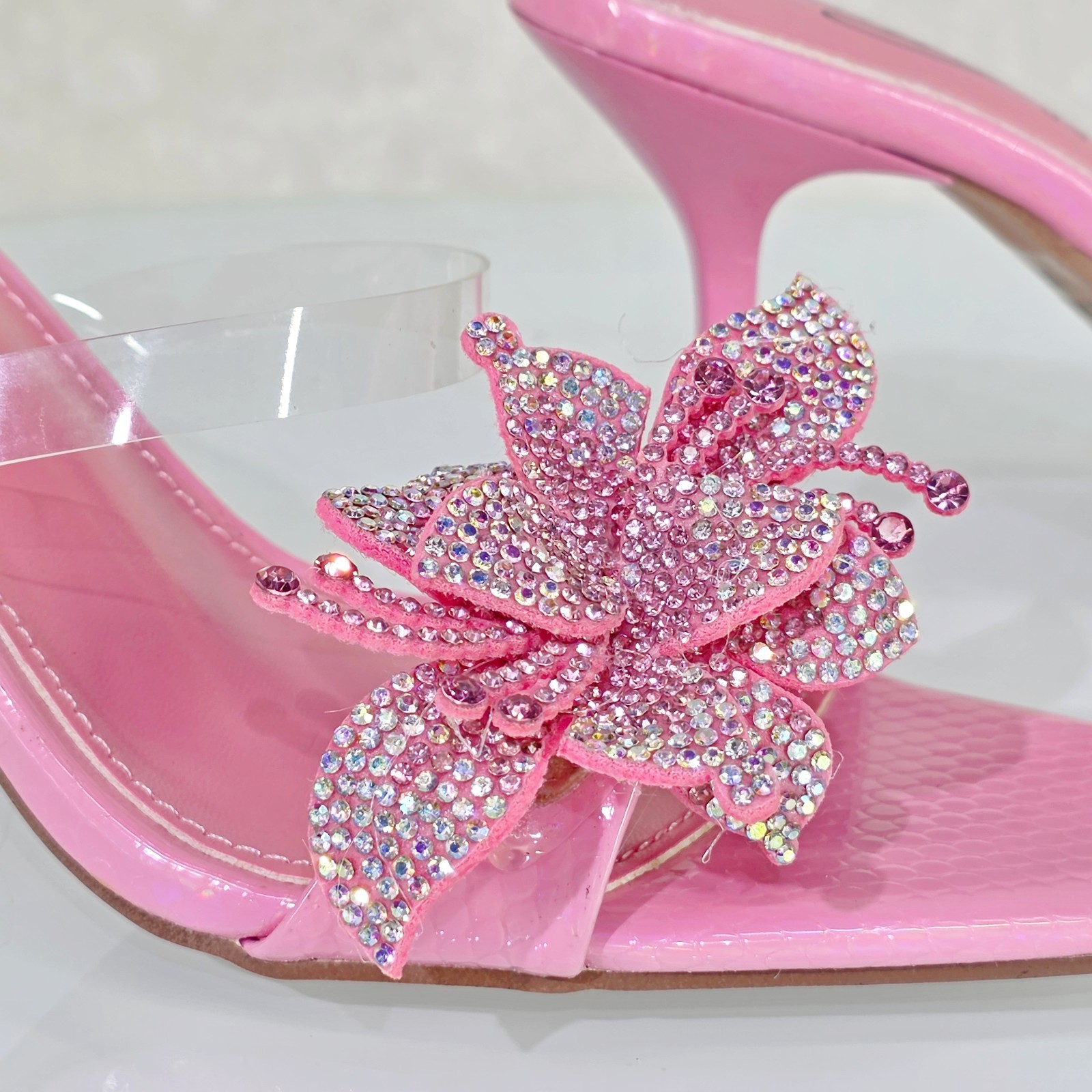 Lily Rhinestone Flower Pink Slip On 3.25″ Heel Casual Evening Party Shoes