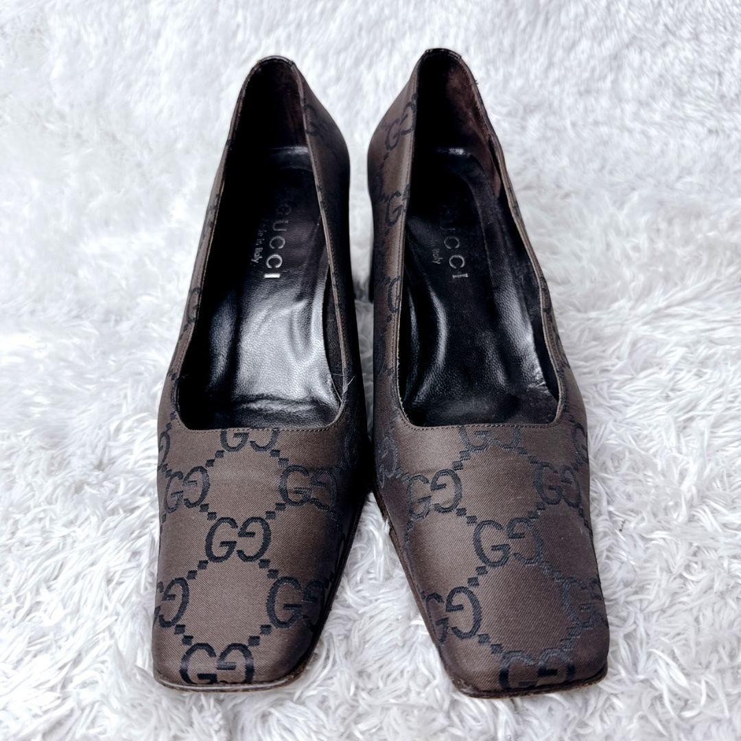 Rare GUCCI GG Pattern Brown Square Toe Heels Shoes 35.5 C 22.5cm US 5.5