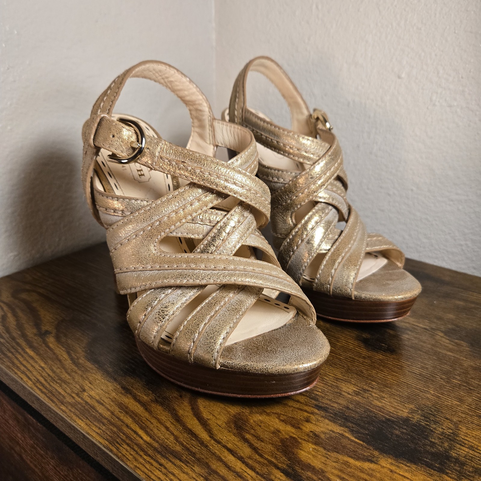 Coach Sandals Womens Size 6M Gold Brynne Strappy Platform Cone Heel Leather