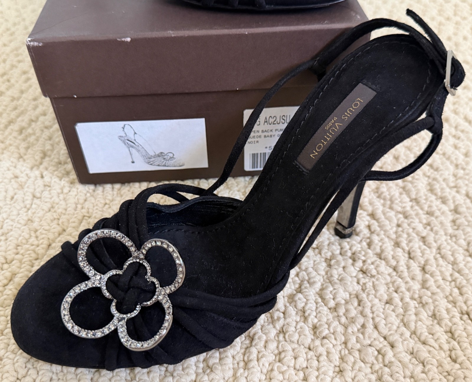 Louis Vuitton Monogram Flower Logo Crystal Black Suede Slingback Pumps 36 $1695