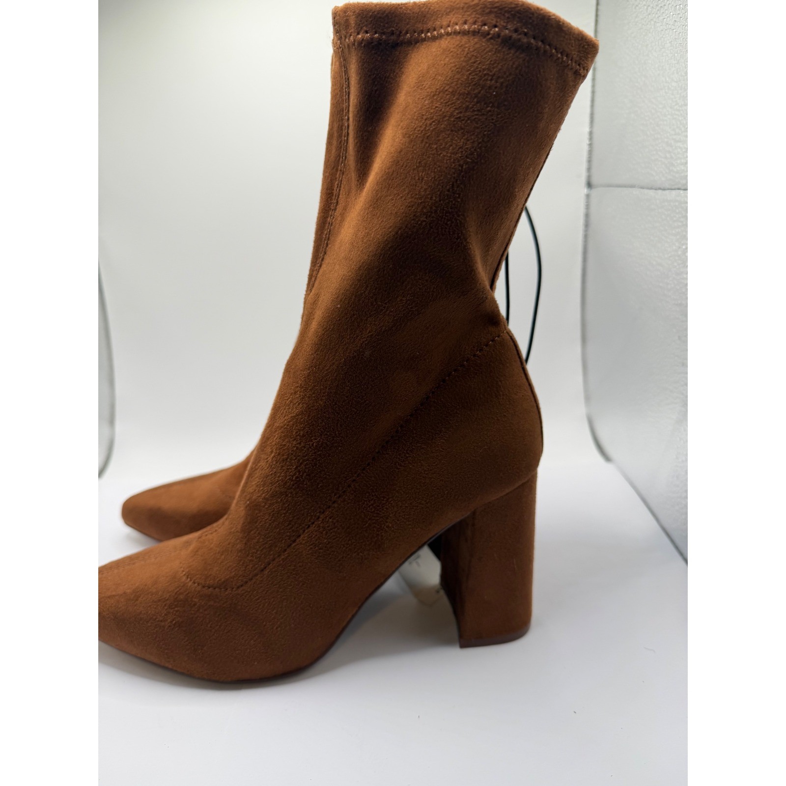 Express Womens Cognac Brown Faux Suede Pointed Toe Block Heel Sock Boots 7 NEW