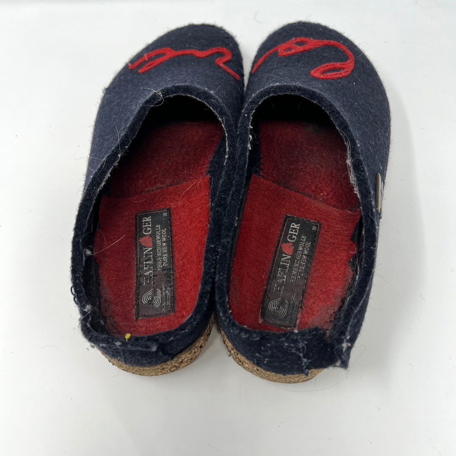Haflinger Love Wool Felt Clogs Slippers Navy Red Script Womens 38 Size 7 READ