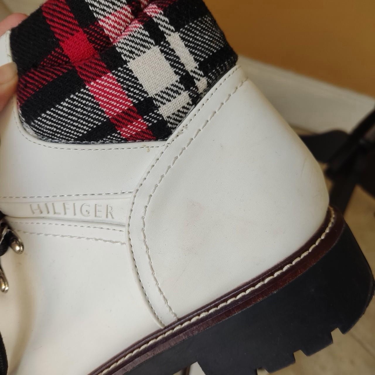 Tommy Hilfiger White and red plaid Combat Style boots Size 10
