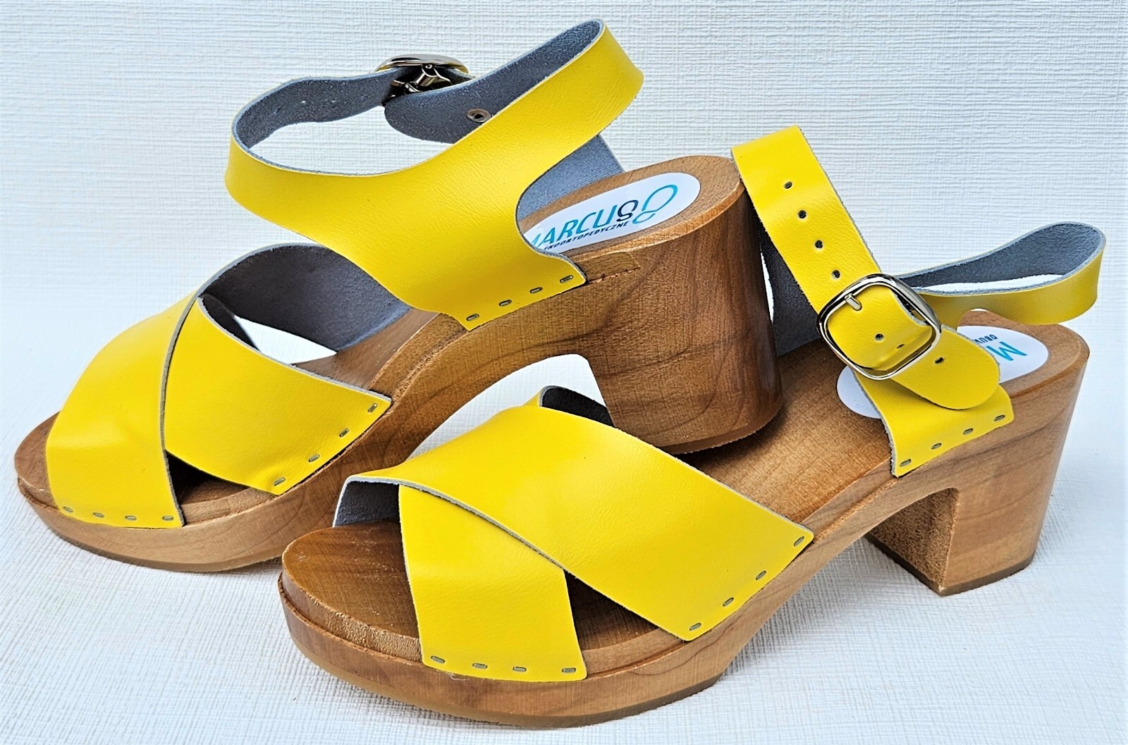 HOLZ CLOGS Holz Pantolette Sandalen Gr.40 *GELB* Echt Rind Leder Handgefertigt