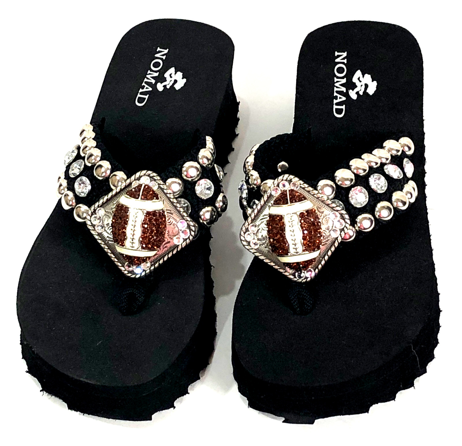 Nomad Football Sandals Flip Flop Thong Black Rhinestone Studs – Women Size 6