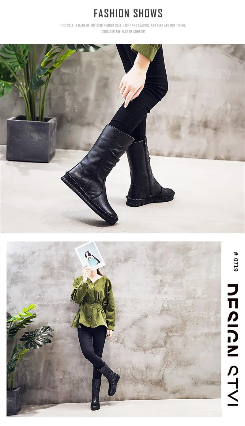 Women Boots Autumn Leather Retro Mid-Calf Boots Flat Shoes Real Leather Boots