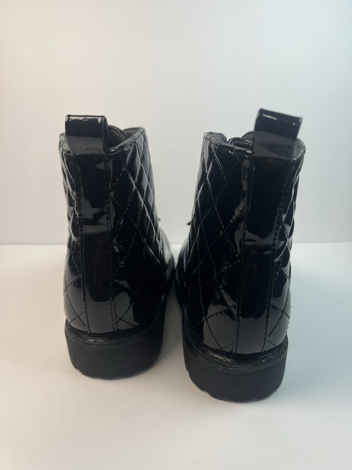 Women’s Black Patent Leather Quilted Ankle Booties, Zip Front Rhinestone Bow