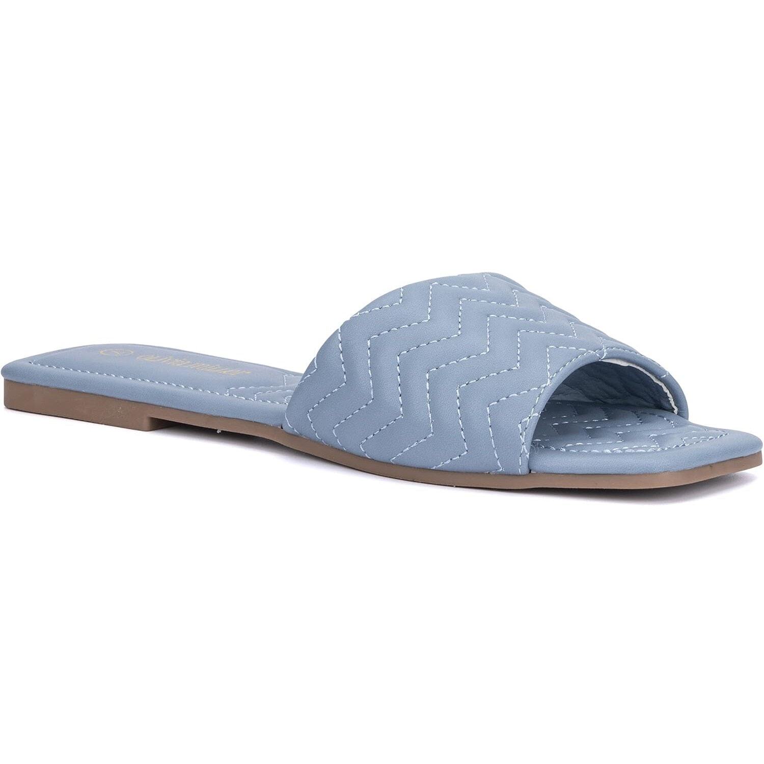 Olivia Miller Women Sundae Flat Slide Sandals Size US 8 Blue Chevron Quilted