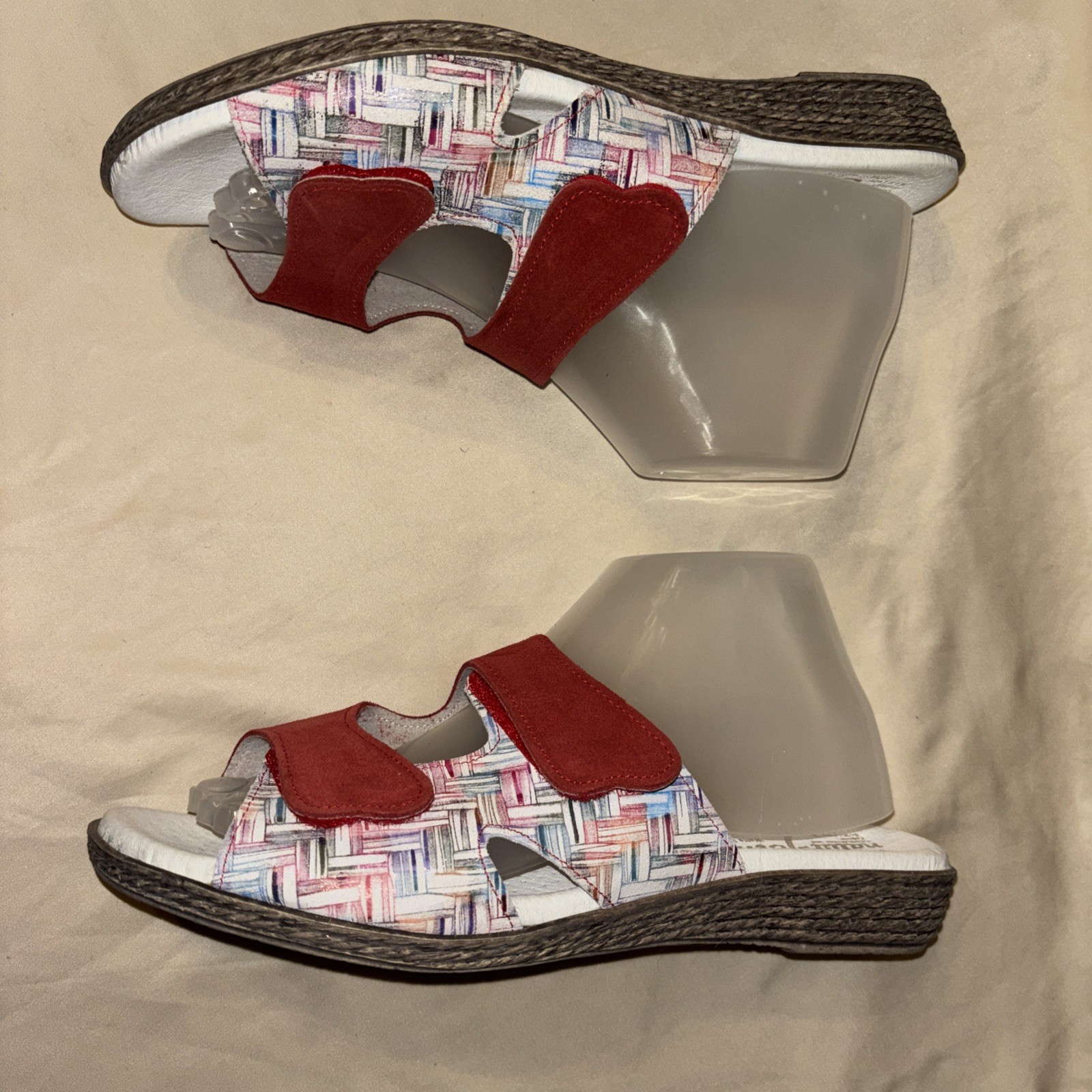 WORISHOFER Germany Sandals 41 Red Multicolor Hatch Print Natur-form Wedge Shoes