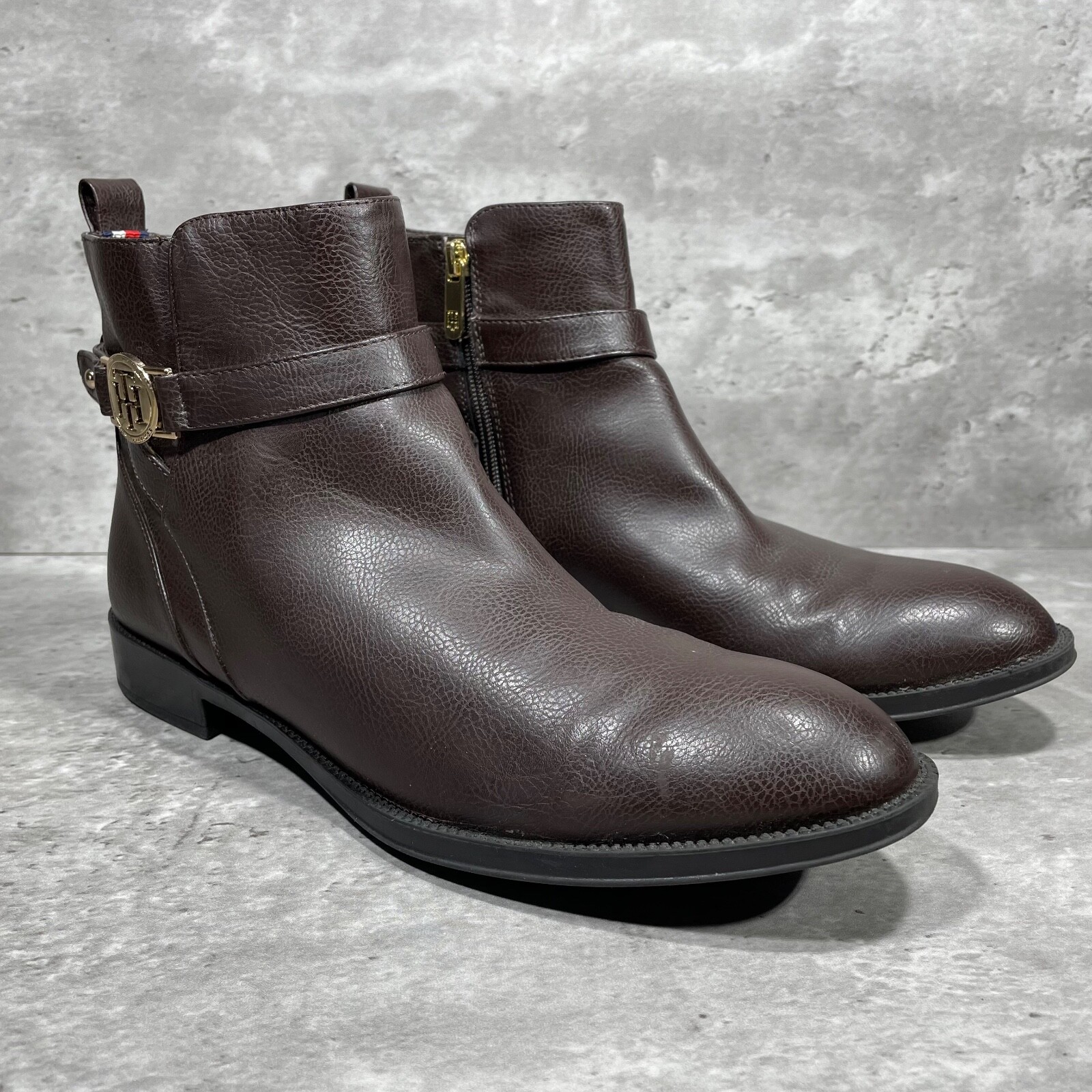 Tommy Hilfiger Brown Ankle Booties Women’s 11 M Side Zipper Gold Hardware Logo