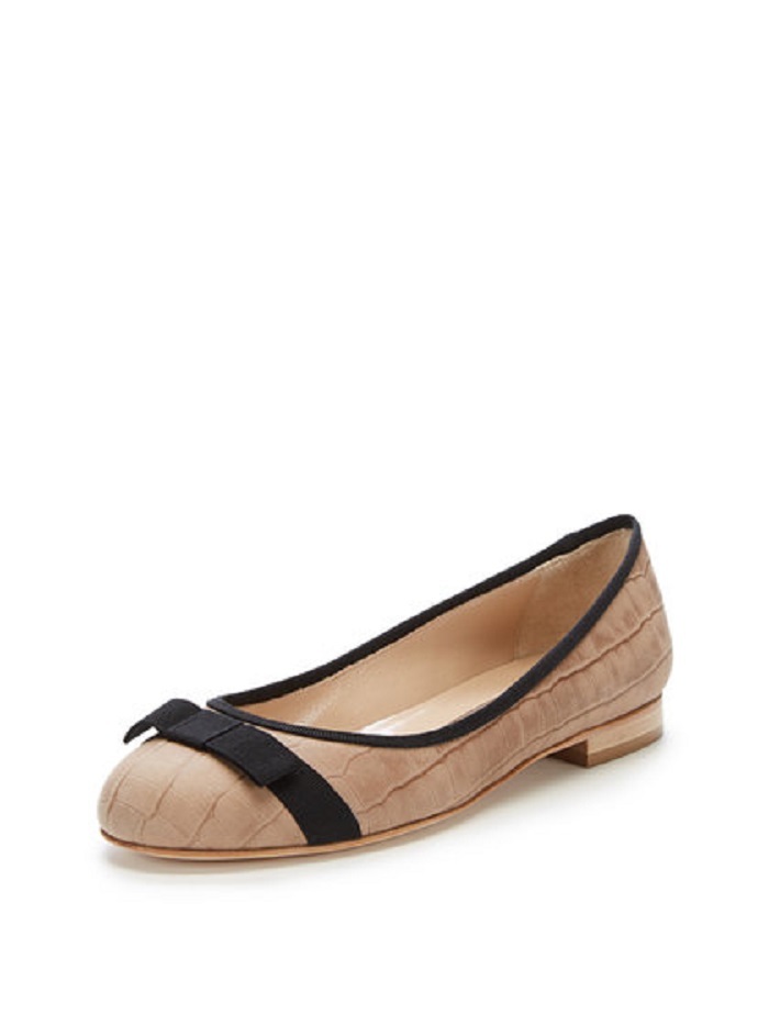 NIB $495 OSCAR DE LA RENTA REBA BOW BALLET FLAT Croc Emb Leather Shoes 37.5