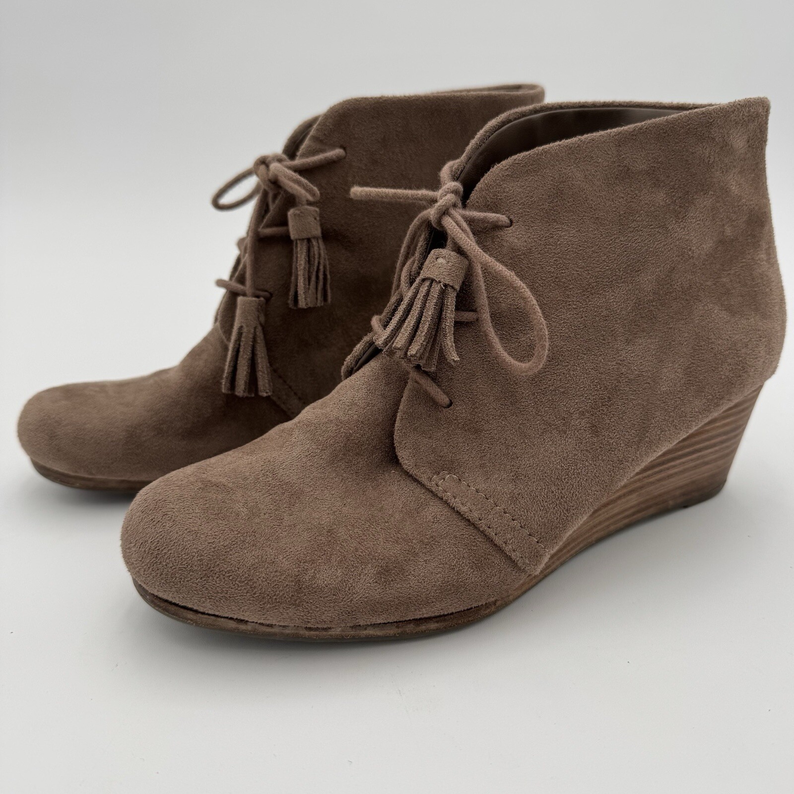Dr Scholl’s Leather Boots 7.5M Dakota Suede Wedge Booties Tassel Comfort EUC