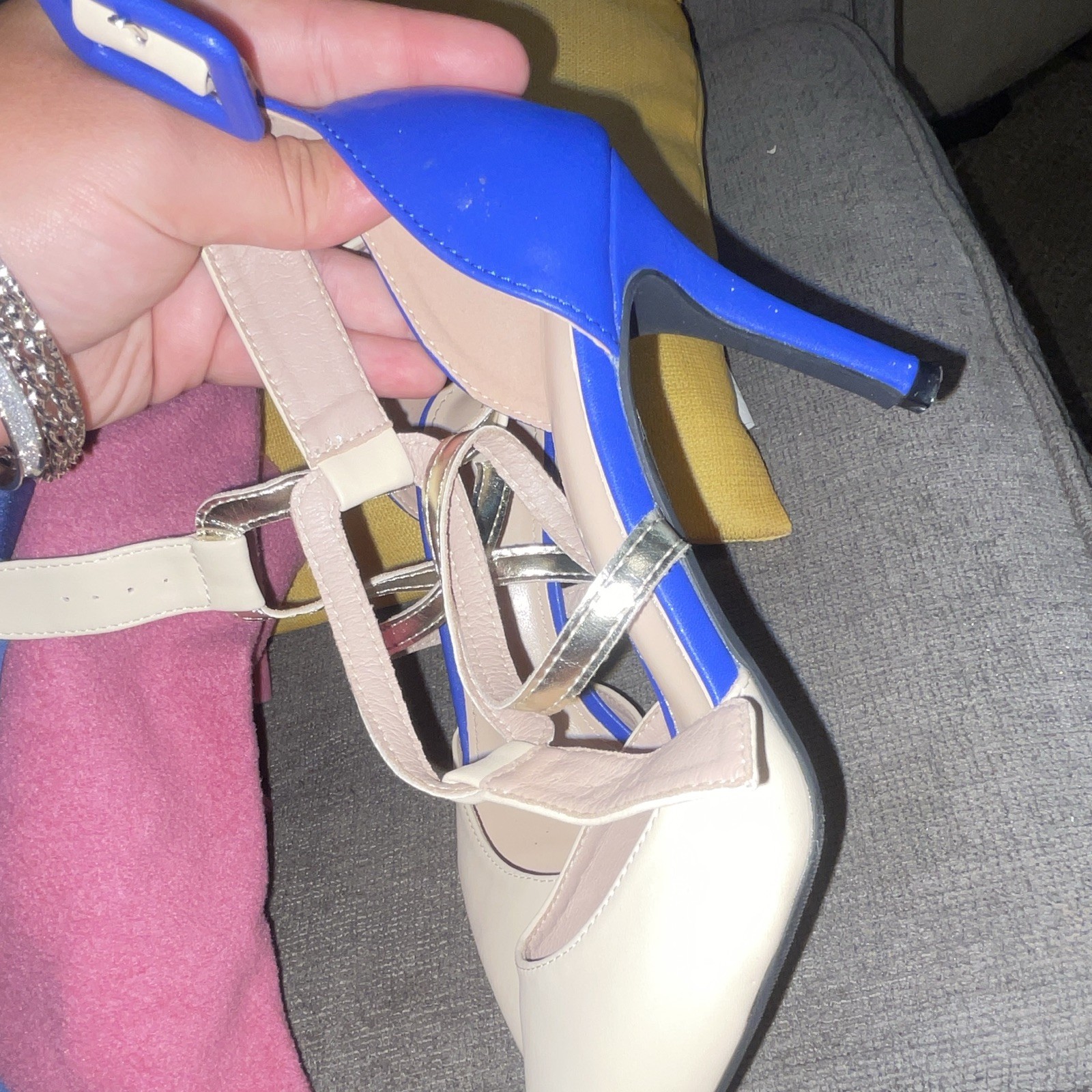 Women’s Beige Blue Silver Strappy Ankle Strap Buckle Pointed Toe Heels 8
