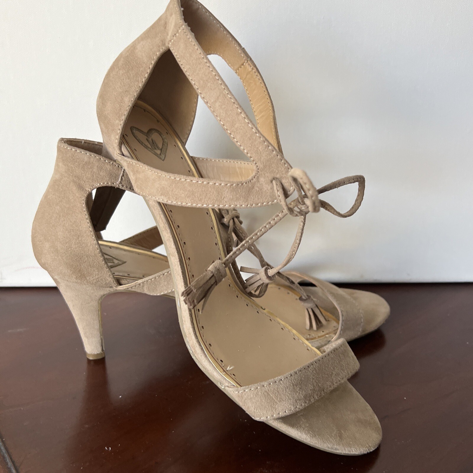 Madeline Women’s Beige Faux Suede Strappy Tie Heels 9.5