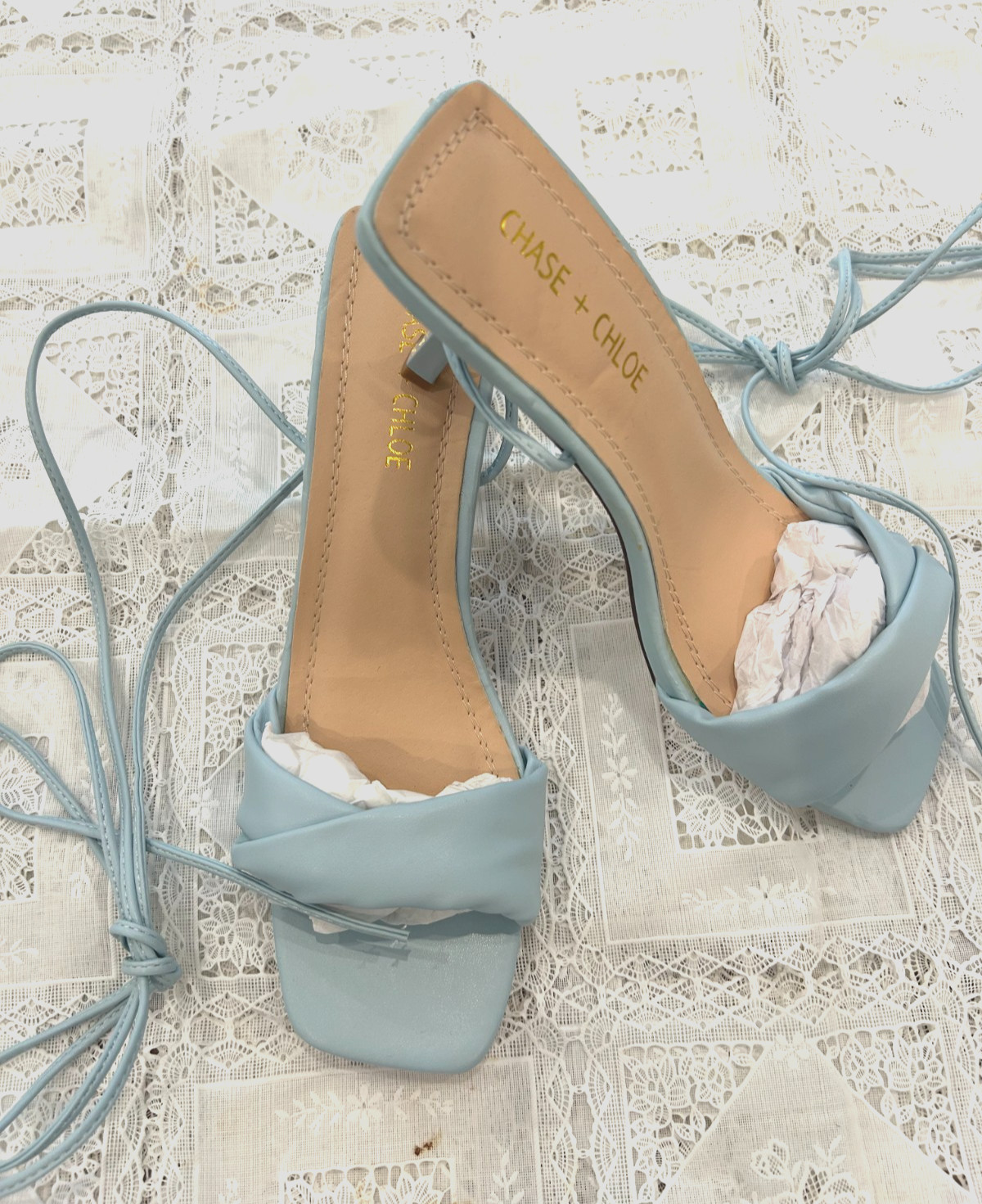 NEW WITH TAG CHASE + CHLOE LIGHT BLUE HEELS ANKLE WRAP STRAP SHOES,SZ:8
