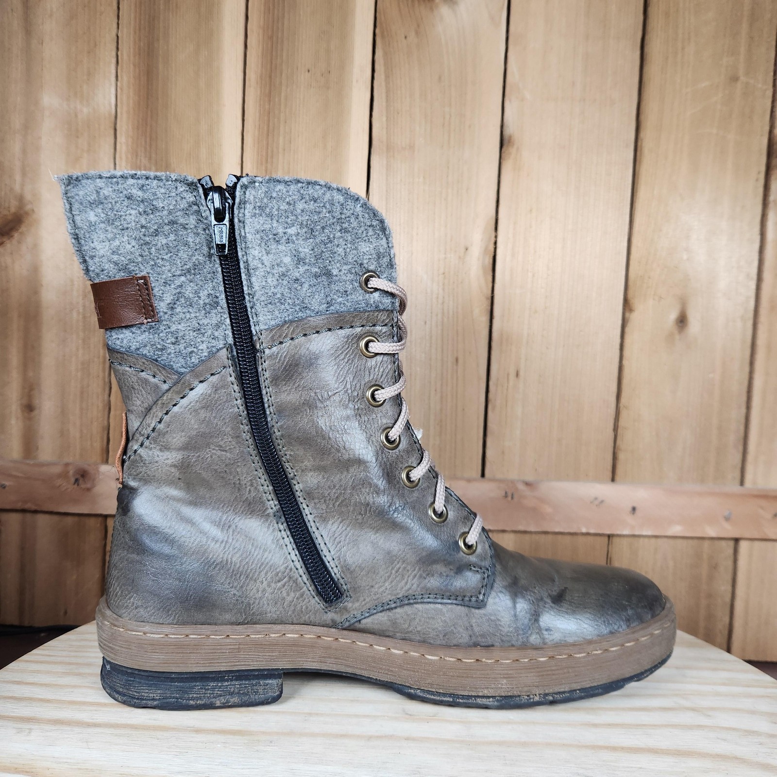 Rieker Felicitas Boots Womens 8.5 39 Gray Mid Calf Lace Up Side Zip Winter