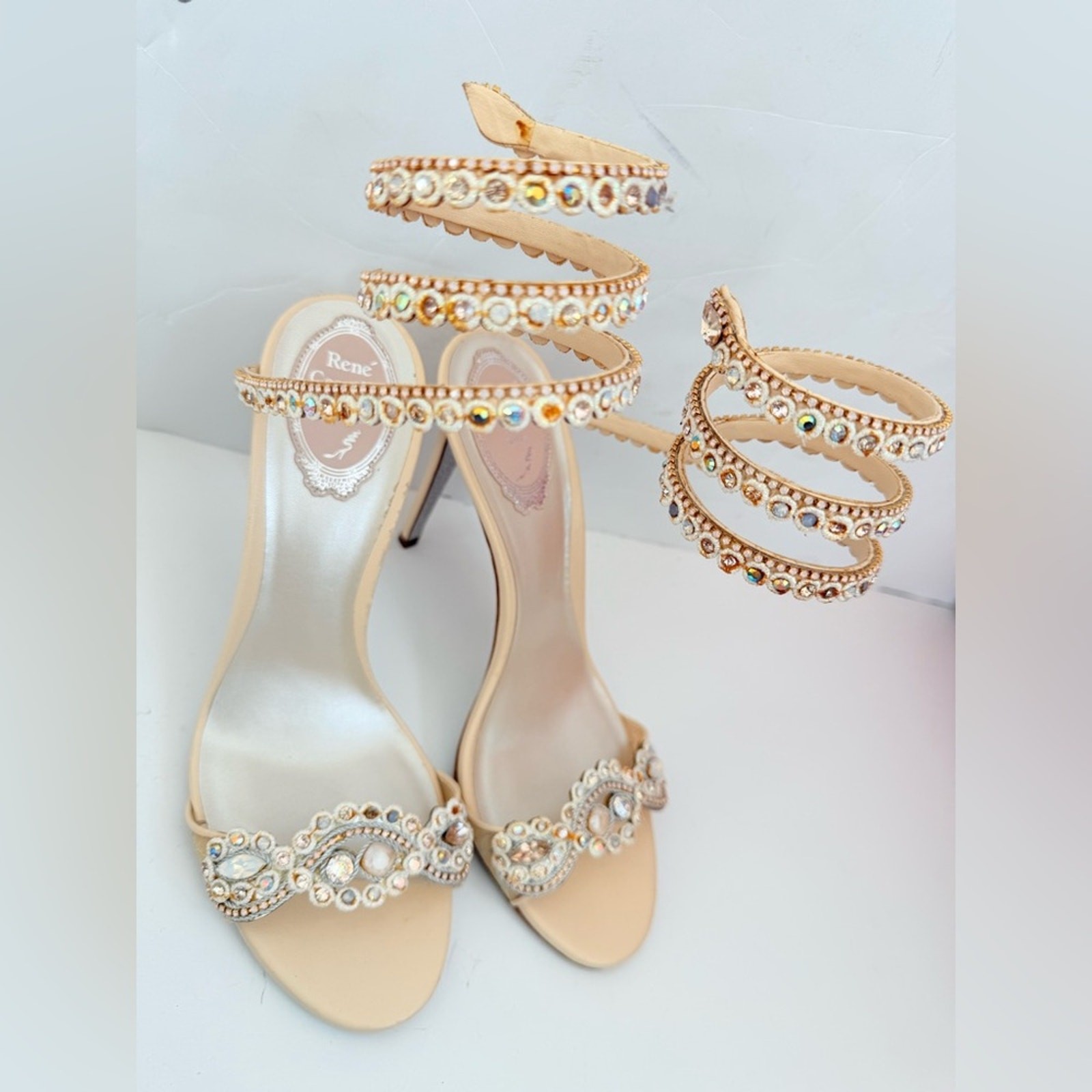 Rene Caovilla Beige Multicolor crystal embellished Wrap around ankle heels 39.5
