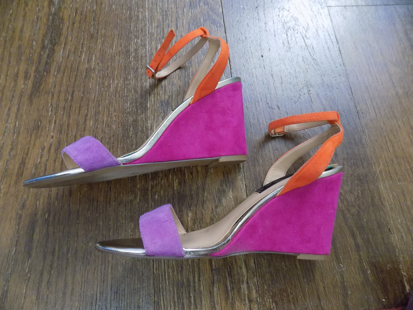 Steve Madden Sylan Purple Pink Orange Suede Ankle strap wedge 3.25″ Sandals 7.5