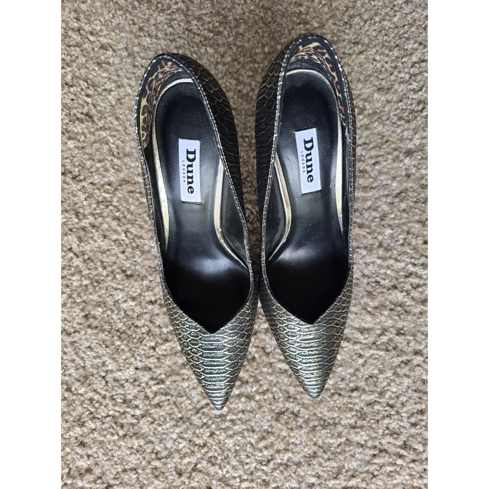 Dune London Black Reptile 4.25″ Sweetheart Topline Heels