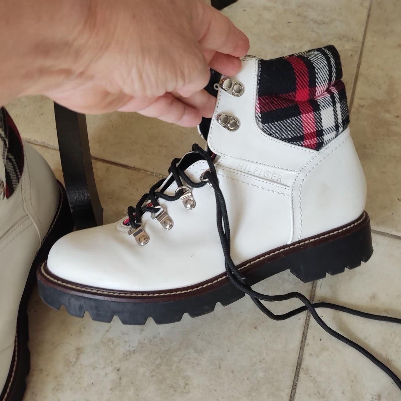 Tommy Hilfiger White and red plaid Combat Style boots Size 10