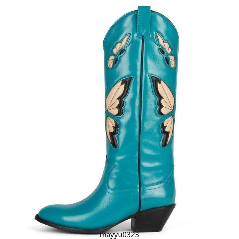 Women’s Mid Calf Boots Low Block Heel Butterfly Pull On Casual Cowgirl Shoes New
