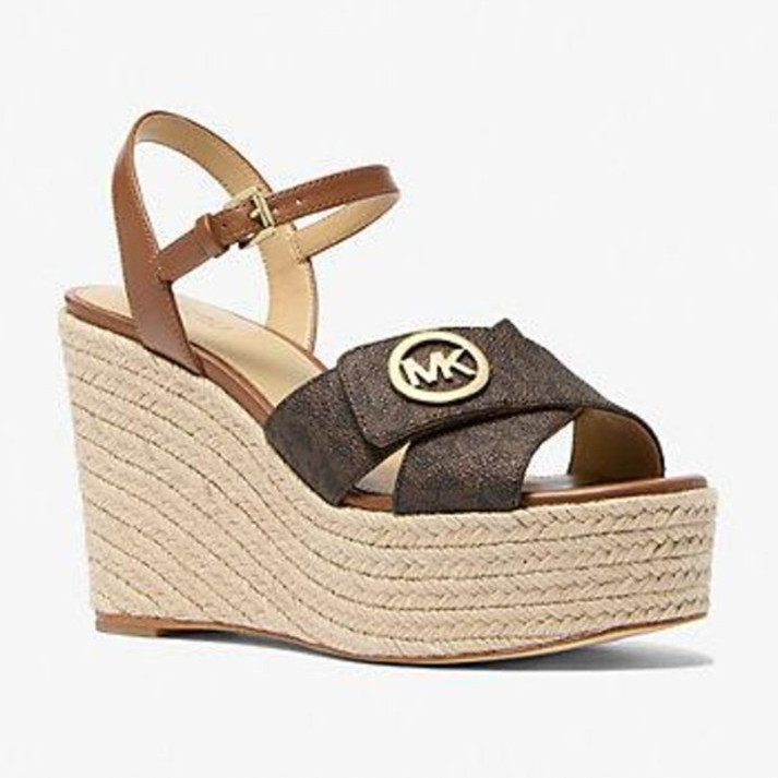 Michael Kors Brown/Beige MK Logo Platform Wedge Sandals Buckle Ankle Strap 10