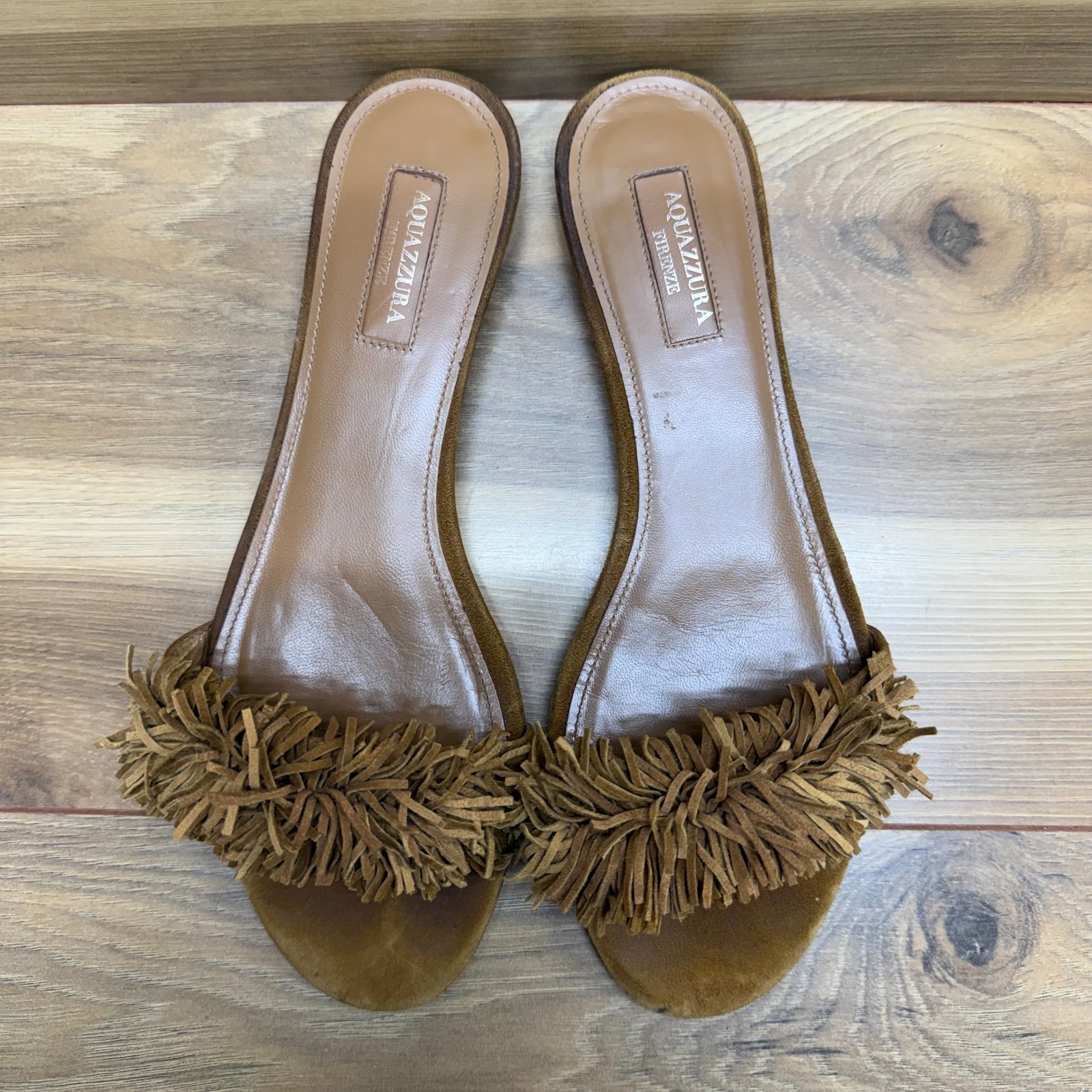 Aquazzura Fringe Sandals Womens 38.5 US 8.5 Suede Slides Flats