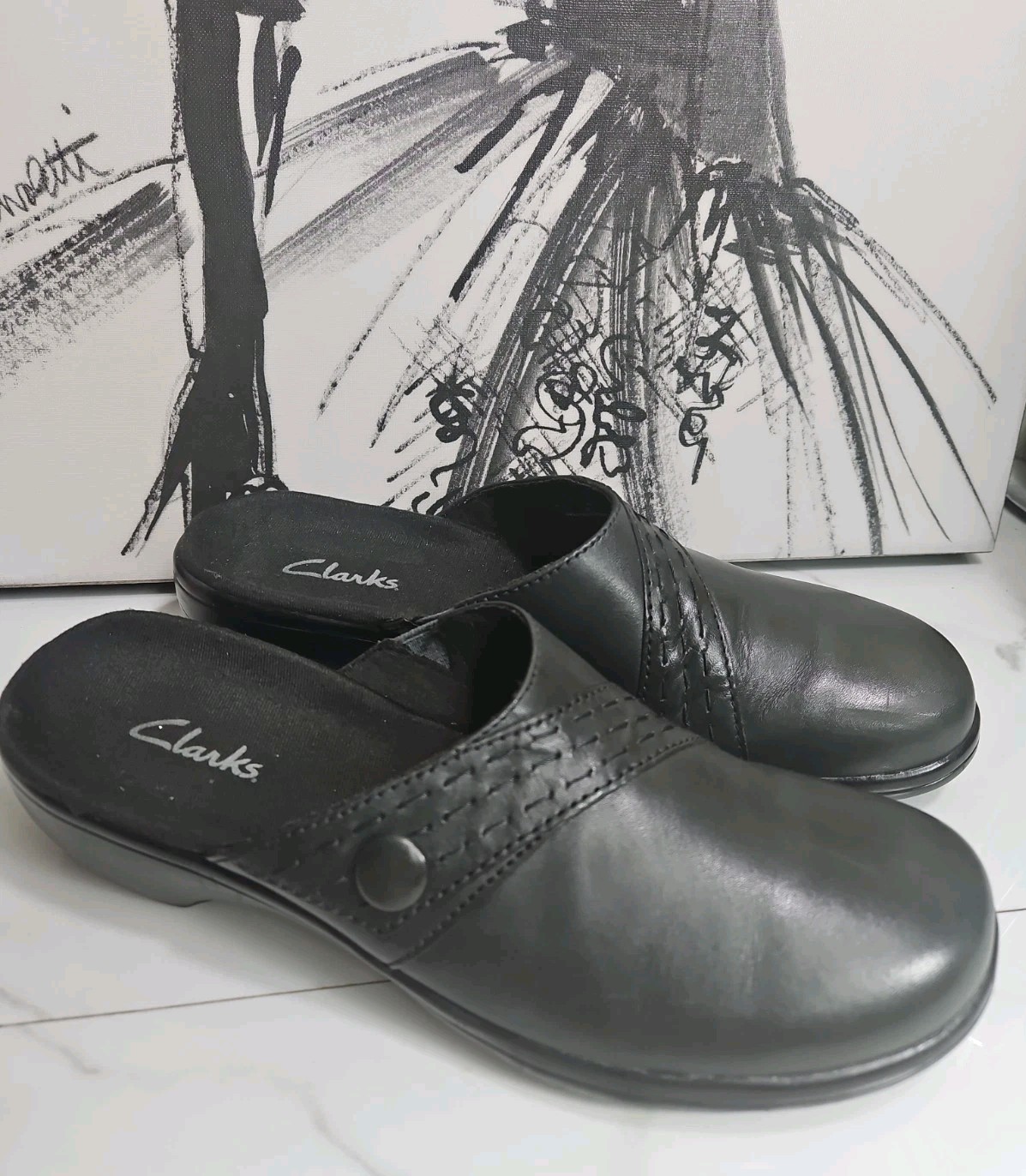 Clarks Mules Black Leather Stiched Braided Stripe Slide On Shoes 7N