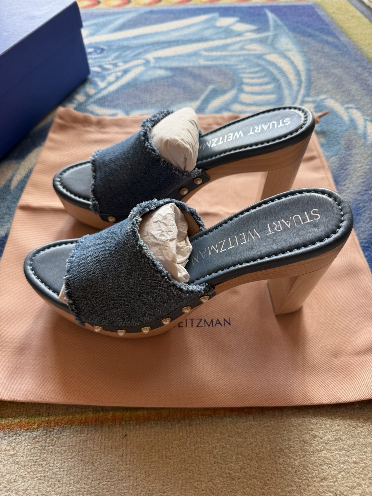 NIB $450 Stuart Weitzman Pearl Clog 85 Sandal Denim Blue Spain BOHO Size 9 AA