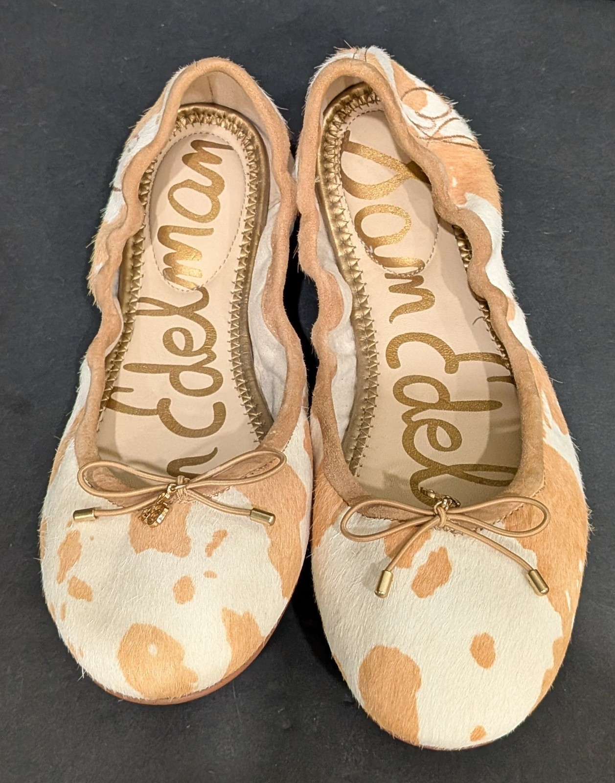 Sam Edelman NWT Felicia Cow Print Calf Hair Ballet Flats Ivory Tan Bow 8.5