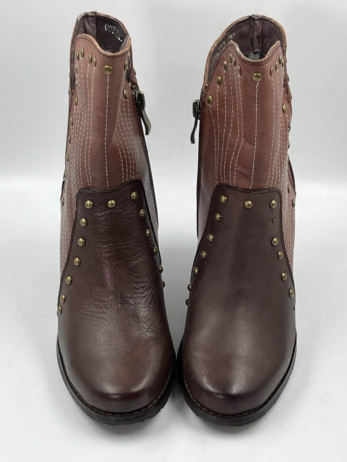 L’artiste Spring Step Quiddity Studded Brown Leather Mid Calf Heeled Boots Sz 6M