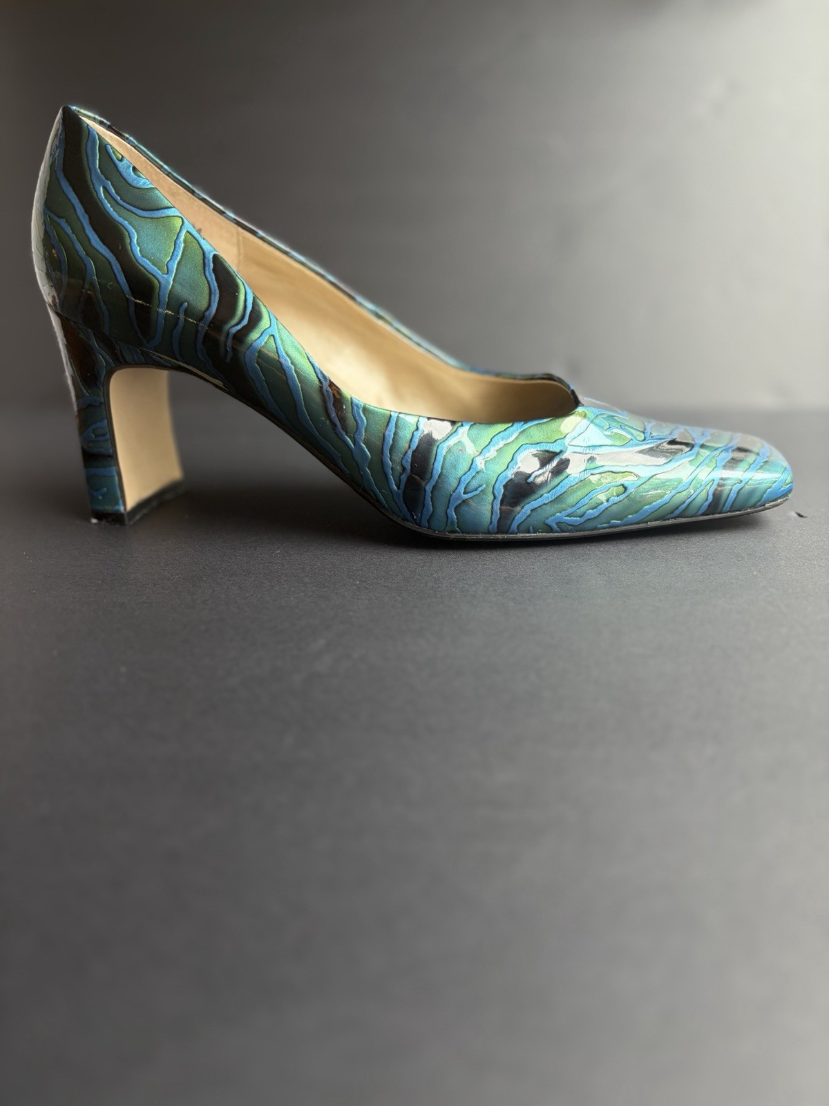 Bellini Margie Pumps 11 M Iridescent Teal Blue Green Square Toe Block Heel