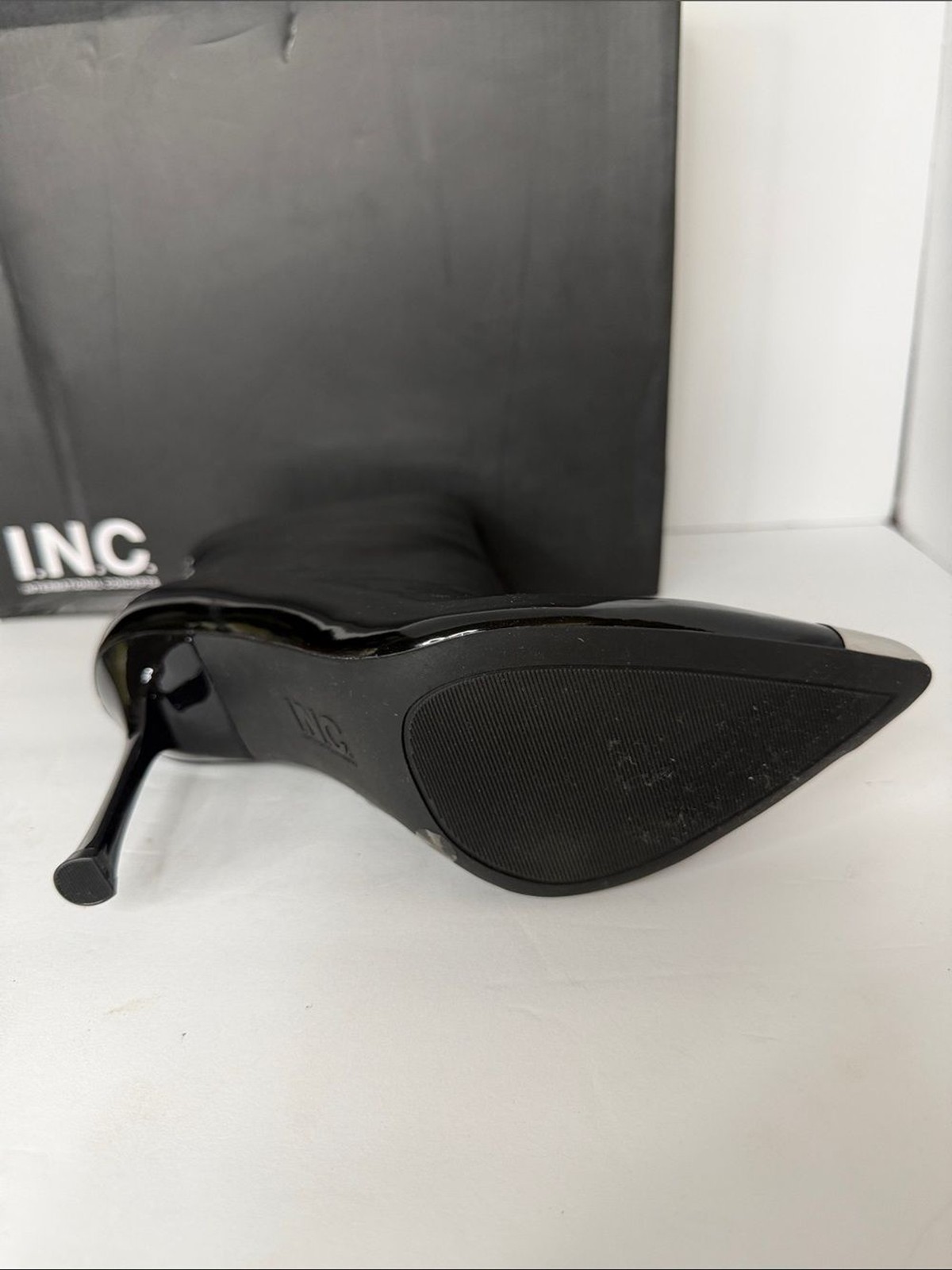INC International Concepts Black Patent Stiletto Ankle Boot with Silver Toe