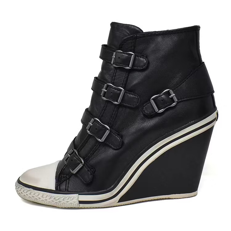 FSJ Custom Black Multi Buckle Wedge Sneaker Boots Round Toe Women