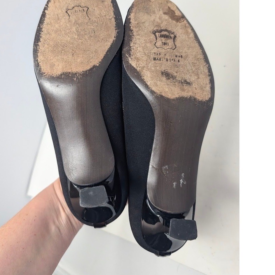 Stuart Weitzman peep toe kitten black Crepe and Faux tortoise print Bow 7.5