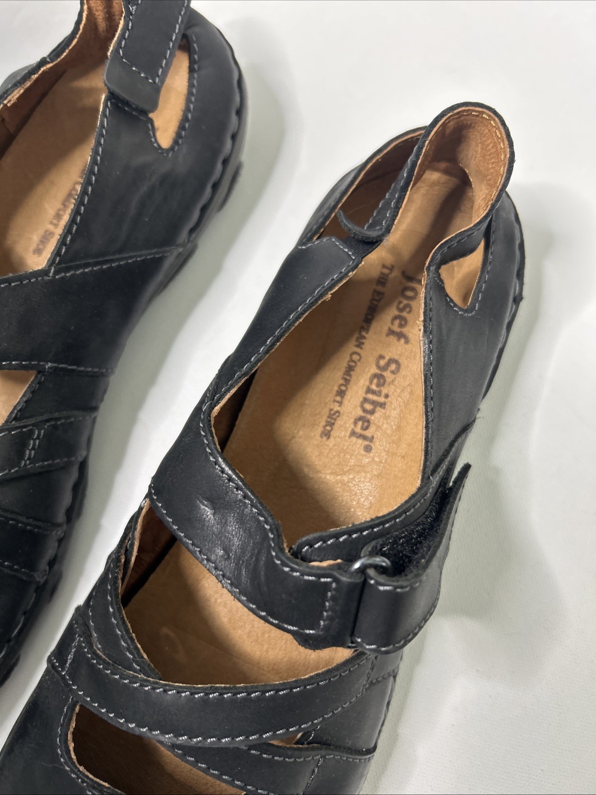 New Josef Seibel Black Leather Shoes 11 Hook & Loop Strap